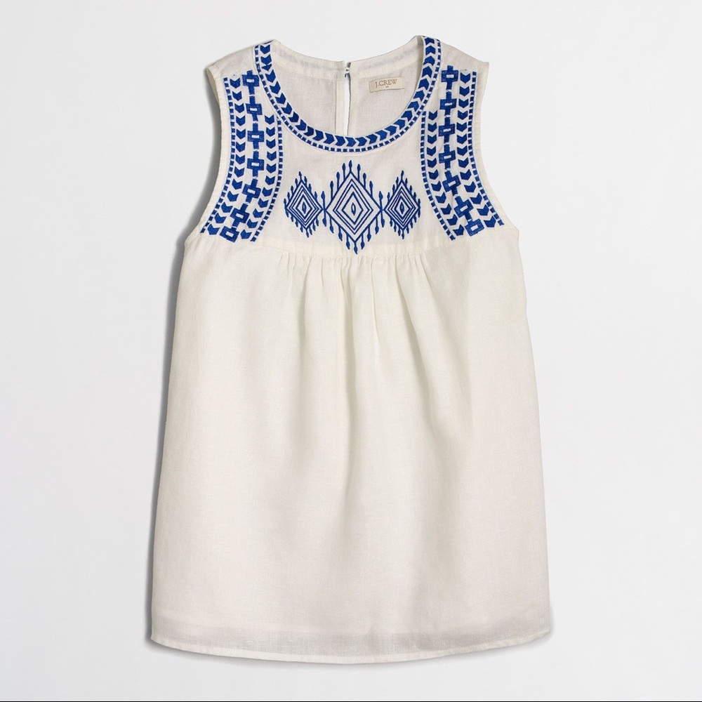 J. Crew White & Blue Aztec Embroidered Tank Top 2